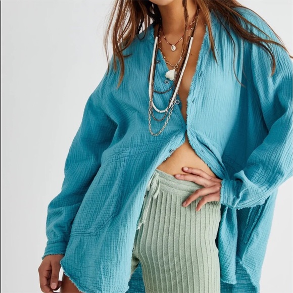 FreePeople] Teal Oversized raw edge Shirts Tunic Dress - Picture 1 of 10
